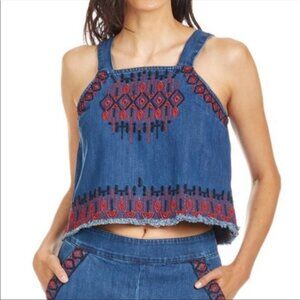 Blank NYC Embroidered Denim Boho Cropped Tank / Halter Top - Large